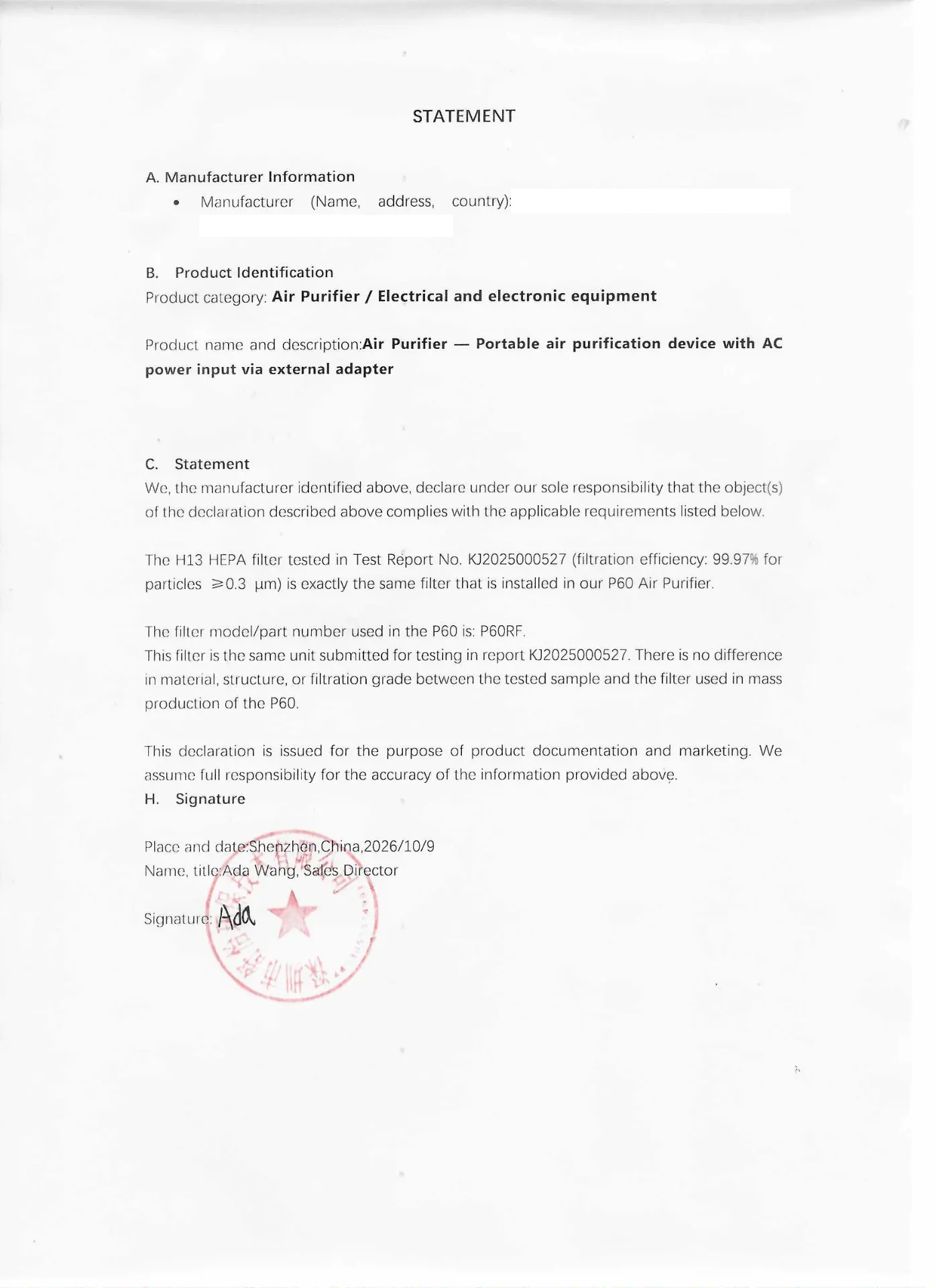 Declaración del fabricante — Filtro HEPA H13