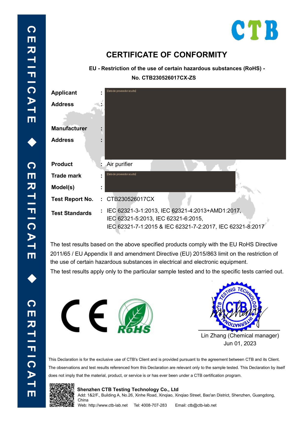 Certificado RoHS — Sustancias peligrosas